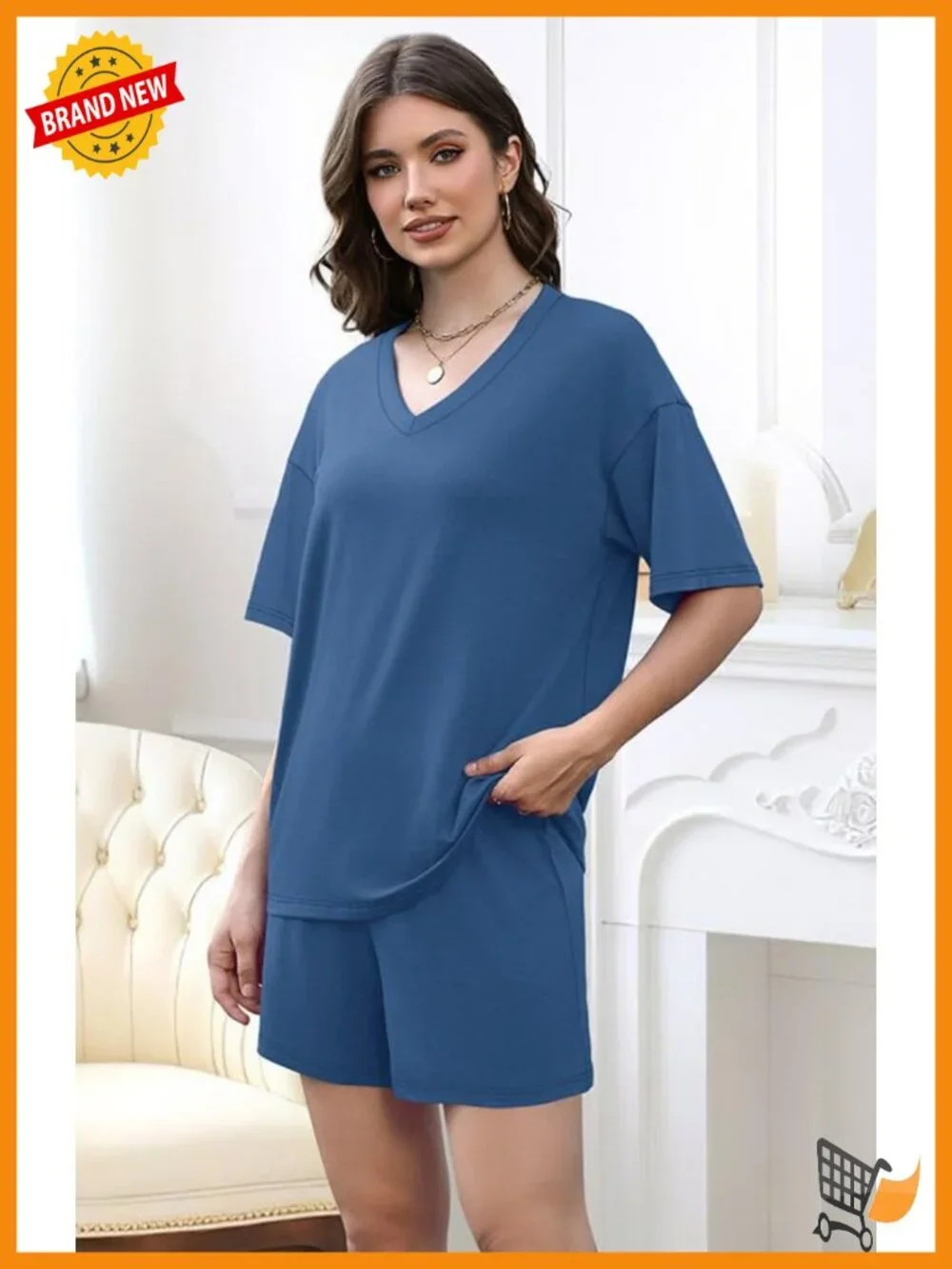 Women's 2 Piece Lounge Set - Short Sleeve V-Neck Top & Elastic Waist Shorts